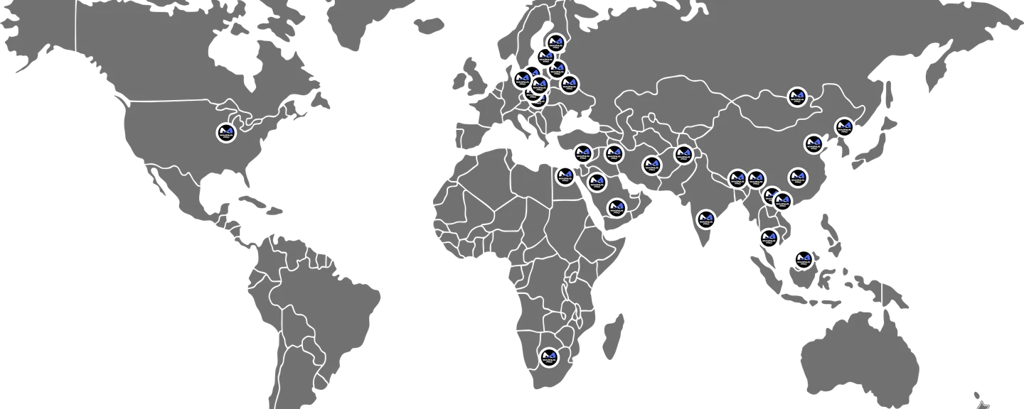 Mapa sveta s vyznačenými krajinami, v ktorých pôsobí Magnus Pro: Európa, Blízky východ, Ázia, Severná Amerika a južná Afrika