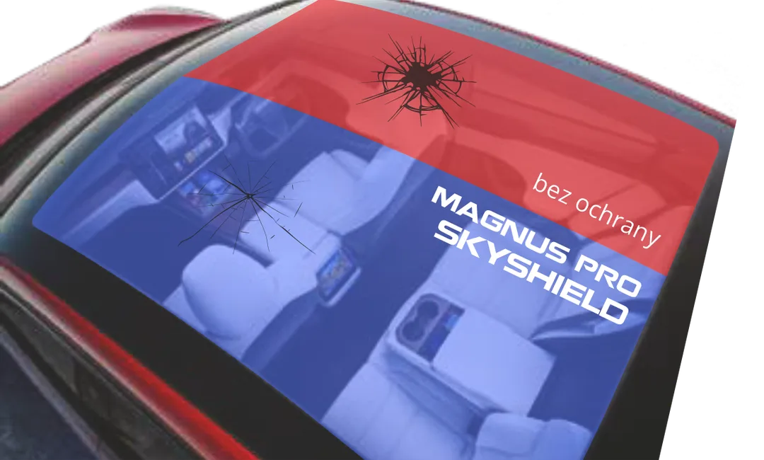 Sklenená strecha s fóliou Magnus Pro SkyShield a bez ochrany: bez ochrany je sklo prasknuté po náraze